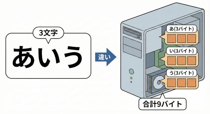 文字数とバイト数の違いを示す概念図。左側に「あいう」という3つの文字があり「3文字」と示されている。右側にはコンピュータの箱が描かれ、その中に「あ(3バイト)」「い(3バイト)」「う(3バイト)」が格納され、「合計9バイト」と示されている。
